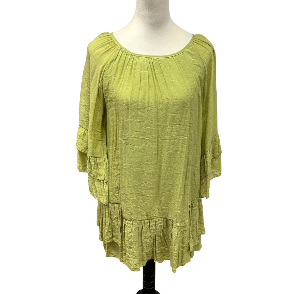 Boho Flowy Tunic Dress M Lime Green Ruffle Hem Peasant Festival Cottagecore